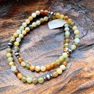 925 Sterling Silver Flower Jade Beaded Necklace w/ Sterling Accents